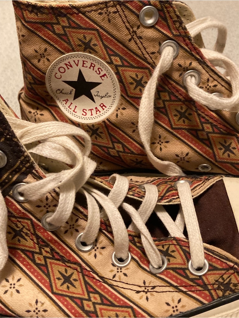 Converse All Star High Top Sneakers in Tan with Brown & Red Pattern